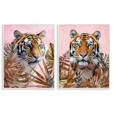 Imagem de Stupell Industries Conjunto de arte giclée emoldurado branco de 2 peças de tigres ferozes e folhas douradas, design de Kim Allen, 61 x 76