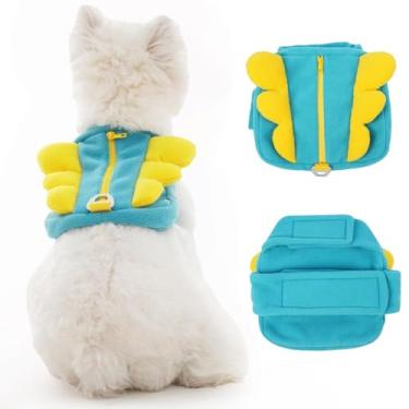 Imagem de Mochila para cães pequenos usarem com bolsos, arnês leve e ajustável com anel em D, lindo arnês de caminhada para parque, beira-mar, caminhadas, design de asa colorida de primavera (azul, M, 3,6 a 7,3