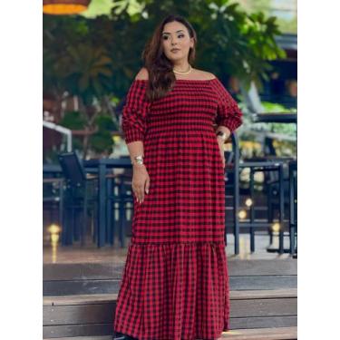 Imagem de Vestido Longo Xadrez Adulto Inverno Manga Comprida Moda Festa Junina S