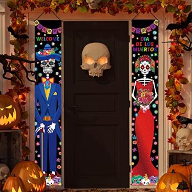 Imagem de 2 Pçs Dia dos Mortos Alpendre Sinal de Porta Dia De Los Muertos Decorações de Varanda 11,8 x 72 Polegadas Outono Festa Mexicana Placa de Porta de Dia das Bruxas Pendurado Parede Banners para Interior