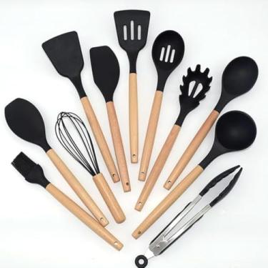 Imagem de Conjunto de utensílios de cozinha 12 peças silicone antiaderente com cabo de madeira kit de utensílios de cozinha de silicone com suporte lavável na máquina de lavar louça (Preto)