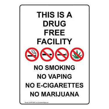 Imagem de ComplianceSigns. Com Vertical This is A Drug Free Facility No Smoking No Vaping No E-Cigarettes Decalque com etiqueta de maconha, vinil de 17,8 x 12,7 cm
