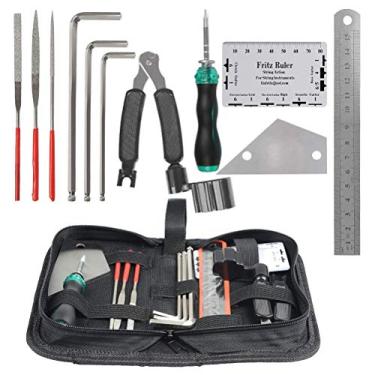 Imagem de TIMESETL Kit de ferramentas de manutenção de reparo de guitarra inclui ferramenta de nivelamento de traste e organizador de cordas, régua de ação de cordas, ferramenta de medição, conjunto de chaves hexagonais para violão, ukulele, baixo, bandolim, banjo