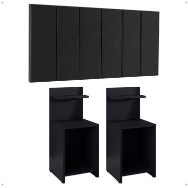 Imagem de Kit 2 Mesas Cabeceira Fantasy Preto Mesinha Organizadora Prateleira Painel Suspenso Cama Box Queen Size 1,60 Suede - Lojas RPM