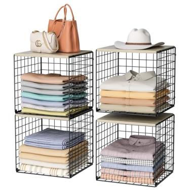 Imagem de Organizadores de armário empilháveis de 4 níveis e cesta de armazenamento, prateleiras com topo de madeira, caixa de armazenamento de roupas dobrável/organizador de gaveta de cubo para guarda-roupa