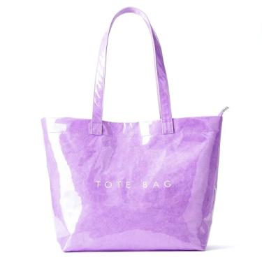 Imagem de KALIDI Sacola de PVC com zíper, bolsa de praia de papel kraft grande Hobo Carry All Travel Shopping Bolsa de ombro de plástico, Violeta, Large