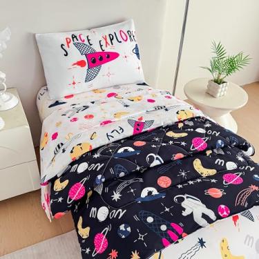Imagem de Tailor Shop Jogo de cama infantil com estampa de galáxia, 4 peças, para meninos, com edredom acolchoado, lençol de cima e fronha