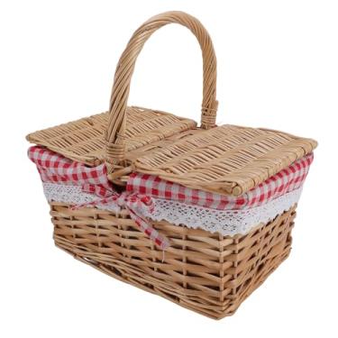 Imagem de Cesta de Piquenique de Vime Com Tampa e Alça, Picnic Hamper Com Forro Removível Garden Harvest Basket for Outdoor Camping Wedding Summer Beach (Xadrez vermelho)