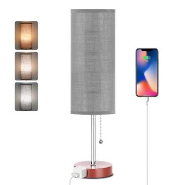 Imagem de Dott Arts Luminária De Mesa 18" Para Quarto, Abajur Cabeceira Em 3 Cores Com Corrente Puxar, Cabeceira, Tomada Ca Sala Estar Pequena, Lâmpada Inclusa, Cinza