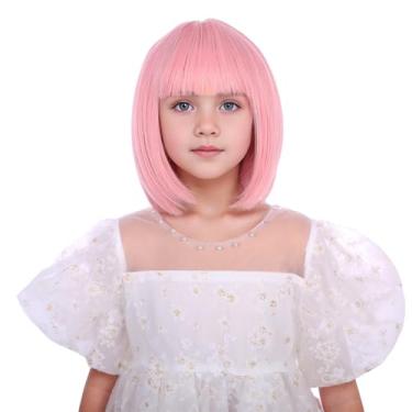 Imagem de Edivd Peruca Bob Rosa Claro Para Meninas Crianças Curto Pastel Com Franja Touca De Cabelo Sintético Resistente Ao Calor