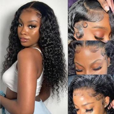 Imagem de HCHHCH Peruca Frontal De Renda Com Ondas Profundas, Cabelo Humano, Densidade 200%, 13X4, Cacheada Hd Para Mulheres, Sem Cola, Brasileira, Pré-Depilada, Cor Preta Natural, 22"