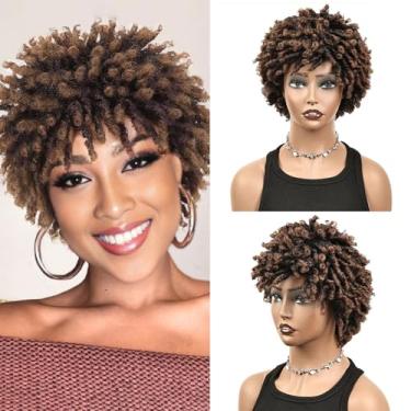 Imagem de QUEENTAS 9" Perucas Trançadas Para Mulheres E Homens Negros - Dreadlocks Curtos Em Camadas Castanhos, Peruca Afro Cacheada Sintética Com Tranças Falsas, Cabelo De Crochê (1B/30)