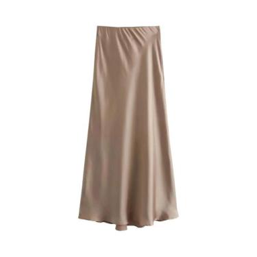 Imagem de Saia Longa de Cetim Y2K - Cintura Alta, Elegante e Midi, M, Caqui