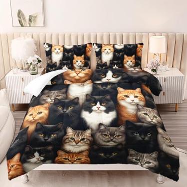 Imagem de AILONEN Conjunto de edredom 3D com cabeça de gato para todas as estações, tamanho queen, decoração de quarto de adolescentes, conjunto de edredom com tema animal kawaii, 3 peças, 1 colcha e 2 fronhas