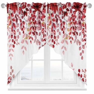 Imagem de Cortinas Swag Primavera Verão Folhas Vermelhas Bolso Haste Cortina Topper Cortinas para Cozinha Quarto Sala de Estar 2 Painéis, 71 cm x 91 cm Ramos Frutas Estilo Minimalista Abstrato