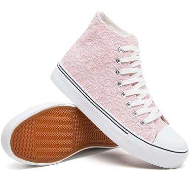 Imagem de Rominz Tênis feminino de lona de cano alto, moderno, bordado floral, branco e preto, casual, antiderrapante, leve, respirável, Rosa claro, 35
