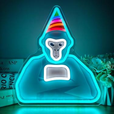 Imagem de Placa neon de gorila azul gelo com chapéu de festa, luzes de arte de LED para sala de jogos, decoração de parede, USB, para festa de aniversário, quarto, minijogos, presentes de Natal