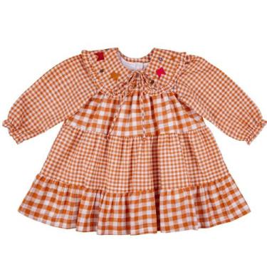 Imagem de Vestido Manga Longa xadrez Bordado Infantil Papilloo, Marrom, Claro, 1