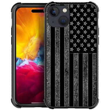 Imagem de ZHEGAILIAN Capa compatível com iPhone 15 Plus, capas com bandeira americana preta e branca, parte traseira de vidro temperado + capa protetora de choque de silicone macio TPU para 15 Plus