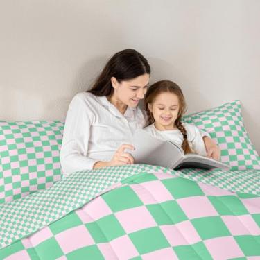 Imagem de Manfei Conjunto de edredom queen rosa e verde, quadriculado, geométrico, reversível, 3 peças, para decoração de quarto de crianças, meninos e meninas, edredom quadriculado de malha macia, 2 fronhas