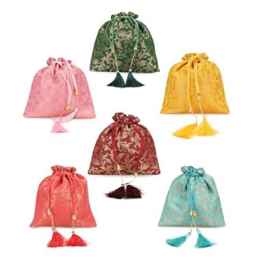 Imagem de LONGING TO BUY Pote de veludo indiano (pacote com 6 sacos de potli em cores sortidas), bolsa de joias, bolsa de moedas (várias cores)