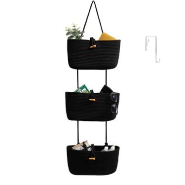 Imagem de TeoKJ Cestas de pendurar sobre a porta com alça de botão, bolsa organizadora de armazenamento de algodão trançado de 3 camadas, montada na parede com gancho, cestas decorativas para berçário - Preto