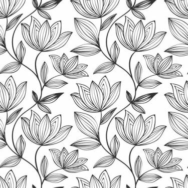 Imagem de Papel De Parede Adesivo Flores E Folhas Preto E Branco 12m