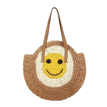 Imagem de SHAREYOIU Bolsa feminina redonda de palha, bolsa de ombro, bolsa de praia, bolsas de mão com alça superior, design vazado, Cáqui