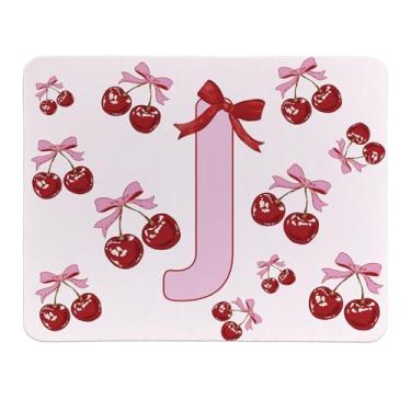 Imagem de Rusenbao Mouse pad de cereja personalizado fofo pequeno coquete rosa para mulheres e meninas, mousepads iniciais personalizáveis para laptop, computador, escritório, 24 x 19 cm (letra J)