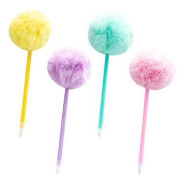 Imagem de GSHLLO 4 canetas esferográficas pompom, fofas, fofas, fofas, multicoloridas, de plástico, de pelúcia, canetas esferográficas, materiais de papelaria para reuniões de escritório