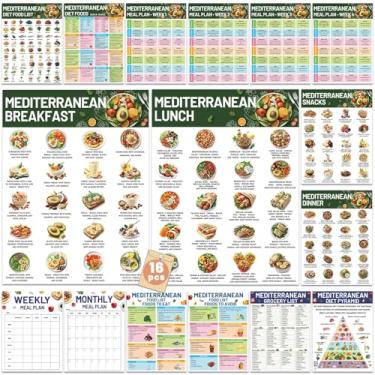 Imagem de Pôster de tabela de alimentos mediterrâneos 16 peças 2025 ingredientes mediterrâneos plano de refeições lista de compras guia de alimentos saudáveis dieta semanal mensal plano de refeições fáceis