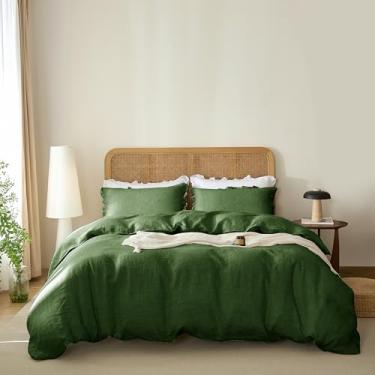 Imagem de Talasily Conjunto de capa de edredom 100% linho francês 3 peças - fecho de zíper e 8 laços de canto com fronhas de babados roupa de cama respirável para todas as estações (queen, verde floresta)