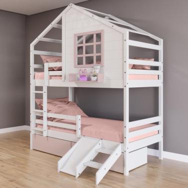 Imagem de Beliche Casinha Com Janela 02 Gavetas Rosa Com Escada/ Escorregador E Grade De Proteção Madeira Branco/ Rosa Housin