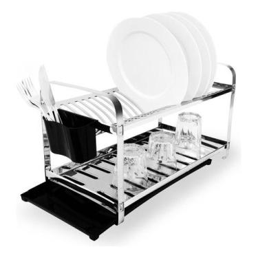 Imagem de Escorredor De Louça Inox 20 Pratos Bandeja Coletora Porta Talher - Mak