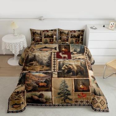 Imagem de Feelyou Conjunto de cama rústico com urso, cabana, chalé, para crianças, meninos, meninas, caça, vida selvagem, retrô, coleção de quarto, 3 peças, tamanho Queen