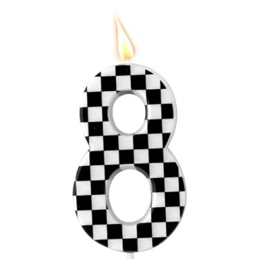 Imagem de Vela de aniversário temática de carros de corrida, com número de bandeira quadriculada, velas pretas e brancas, enfeite de bolo de feliz aniversário, decorações de festa para meninos, carros de