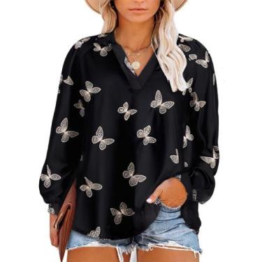 Imagem de Blusa feminina Eytino plus size com decote em V, lanterna de manga com