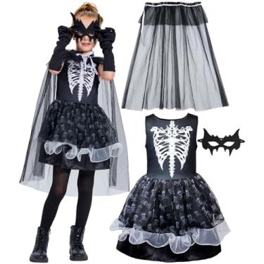 Imagem de Girls Skeleton Costume, 3 Pcs Dress Cape Eye Mask Suit for Kids Halloween Skull Bone Dress Up Party 7-8 Years