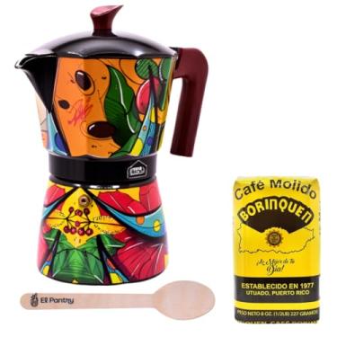 Imagem de El Pantry Conjunto de presente Puerto Rico Greca de Cafe | Boricua Art by Joshua Montes Cafeteira e Moka Pot com autêntico café borinquen e colher de madeira | Cafeteria | 6 xícaras de café expresso