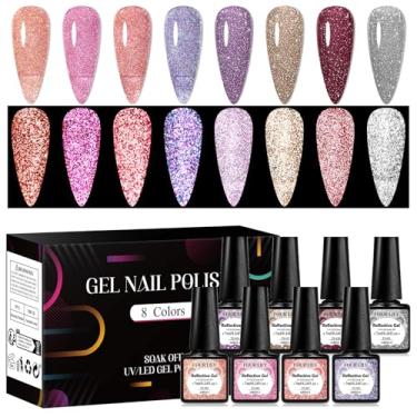 Imagem de Four Lily Conjunto de 8 cores de esmalte de gel com glitter reflexivo, rosa, marrom, brilhante, kit de coleção de esmaltes de gel de imersão de LED, kit de gel para manicure e manicure para salão de