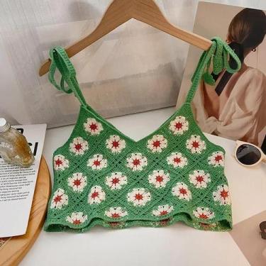 Imagem de Top Cropped Floral De Crochê Boho Feminino Com Alças Amarradas E Tricô