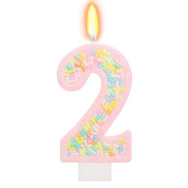 Imagem de ElekFX Vela de aniversário número 2 com granulados, topo de bolo arco-íris unicórnio rosa pastel, decorações de festa Sweet Candyland para meninas e meninos 2 anos