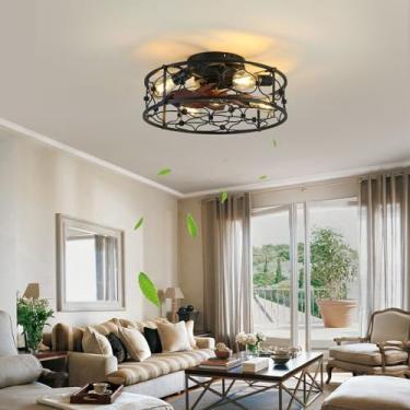 Imagem de Rybiote Ventiladores De Teto Com Gaiola E Luzes, Ventilador De Teto Fandelier De 20" Embutido Com Luzes E Controle Remoto, Ventilador De Teto Inteligente De Perfil Baixo Estilo Fazenda Com 6 Veloci