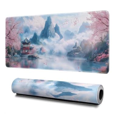 Imagem de Mouse pad aquarela flor de cerejeira abstrato grande mouse pad 81,5 x 11,8 polegadas textura paisagem base de borracha antiderrapante grande mousepad bordas costuradas teclado mouse pad pad mesa para