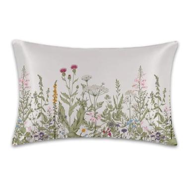 Imagem de Fronha de cetim com folhas e flores silvestres tamanho king, fronhas macias para cabelo e pele semelhantes à seda, fronhas com zíper oculto acessórios de cama, 50 x 91 cm, 1 pacote