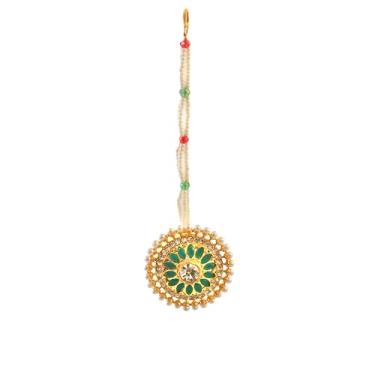 Imagem de Jewar Maang Tikka indiano tradicional pérola com contas, design floral banhado a ouro com centro de cristal Ad Cz Rajputi joias de casamento