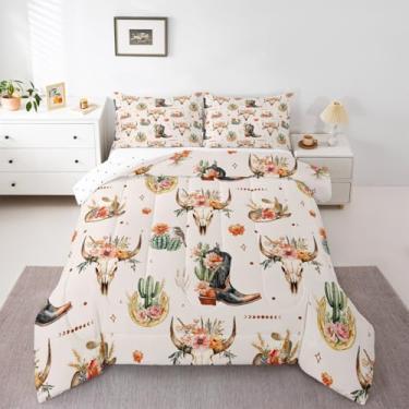 Imagem de Feelyou Conjunto de cama vintage boêmio ocidental macio para meninos e meninas, conjunto de edredom Queen Size rústico, casa de fazenda, edredom de microfibra, touro, vaca, caveira, decoração de