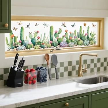 Imagem de ANATTASOUL Adesivos de janela estática de cacto e borboleta, 1 folha reutilizável para vidro, adesivo removível de janela dupla face de 120 cm x 30 cm para decoração de quarto, escritório, casa