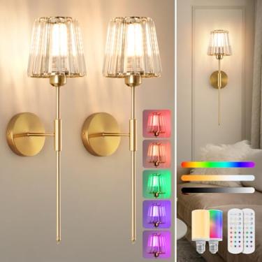 Imagem de EIDISUNY Conjunto de 2 arandelas de parede de cristal operadas por bateria, lâmpada de parede sem fio com lâmpadas reguláveis RGB recarregáveis, arandela de parede dourada com controle remoto para