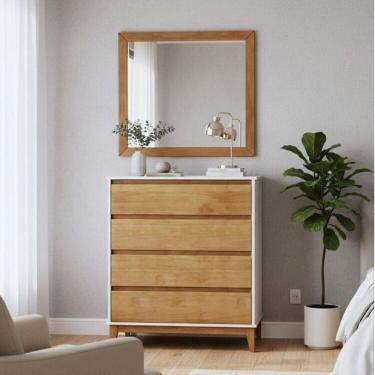 Imagem de Conjunto Cômoda 4 Gavetas + Moldura com espelho – Madeira Maciça e MDF – Linha Prata Finestra Móveis Off White/Freijó